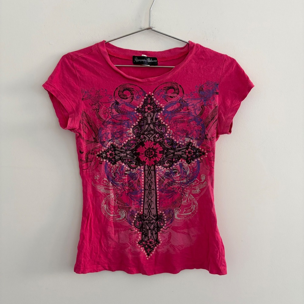 Appropriate Behavior Pink Graphic Cross Rhinestone T-Shirt Y2K Medium H4610RLZ